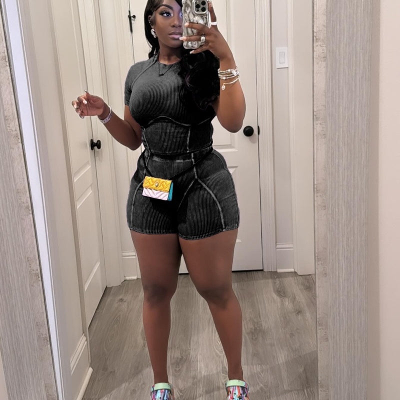 Thread Washed Faded Distressed Two-piece Shorts Suit - Chic Angle